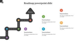 Curved roadmap diagram with five checkpoints marked by colored circles, a final arrow labeled success, and six text areas.