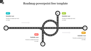 Black dashed roadmap with numbered milestones, loops, and turns, featuring labeled steps in blue, green, red, and yellow.