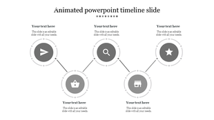 Monochrome timeline featuring five gray icons in circles with dotted outlines, connected by thin lines, with text.