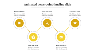 Animated timeline with five yellow circle markers, each holding icons, placed on a line with text areas beneath.