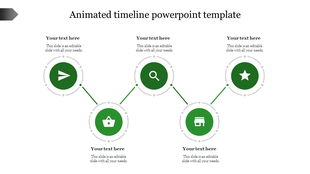 Diagonal timeline layout with six green icons including search and shop, each linked by lines and  placeholders text areas.