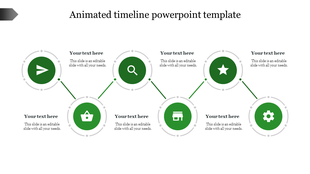 Infographic timeline showing six steps with green icons like play, search, and gear, connected in a flow with text areas.