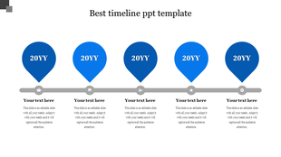 Horizontal timeline with five blue map pin shapes labeled 20YY, placed above icons and text boxes on a grey progress line.