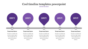 Cool timeline slide featuring purple markers for each year and placeholder text.