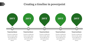 Horizontal timeline with five green markers in a teardrop shape, each representing a year 20YY, with text below.