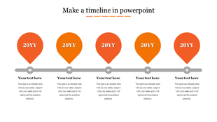 Five point timeline with red orange gradient map pin on a gray horizontal line, each featuring a year and text areas beneath.