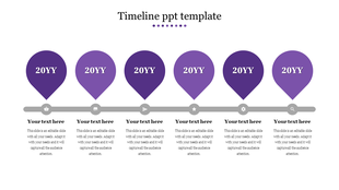 Purple themed timeline slide featuring year markers in a balloon shape and space for text.