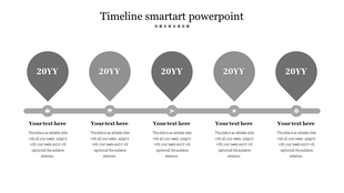 Slide featuring a SmartArt timeline with five markers labeled 20YY placeholder text entries.