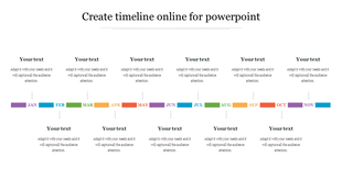 Yearly timeline infographic with months in color coded boxes, linked to alternating caption text areas for descriptions.