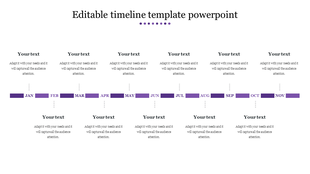 Horizontal timeline with purple bars for each month, from January to November, and text sections above and below.