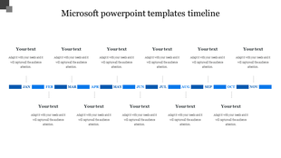Microsoft timeline PowerPoint template with a 12 month blue layout, featuring text placeholders above and below.