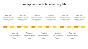 Horizontal timeline with twelve yellow blocks labeled Jan to Nov, each with placeholder text areas above and below.