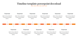 Microsoft timeline PowerPoint template with a 12 month orange layout, featuring text placeholders above and below.