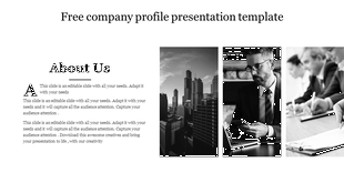 About Us section and three grayscale image, showcasing urban architecture, a professional at work, and a team discussion.