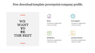 Company slide featuring a central black text box and four icons in purple, blue, green, and orange with text on the right.