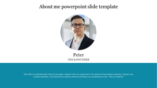 About me slide with a centered circular profile image, name, title, and a blue footer section containing placeholder text.