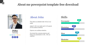 About me slide featuring a profile image, bio for 'John,' and four colored sections for skill bars with icons and text area.
