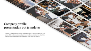 Company profile slide with a 3D grid of business images, including meetings, laptops, and documents, on a white background.