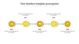 Timeline PPT slide with years from 2016 to 2020, featuring yellow circular icons and placeholder text on a white backdrop.