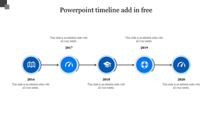 Timeline featuring blue circular icons for each year from 2016 to 2020, each with a unique icon and text section.