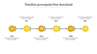 Yellow themed timeline PowerPoint slide with icons from 2016 to 2021 with placeholder text on a white backdrop.