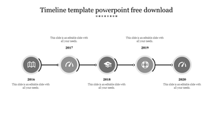 Horizontal timeline design with gray circular markers labeled 2016–2020, featuring icons and with caption areas.