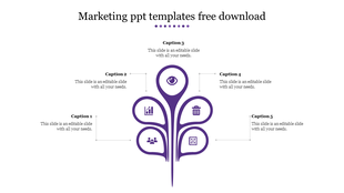 Purple leaf like infographic with five sections, each featuring icons and captions connected by dotted lines.