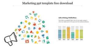 Slide with marketing icons emerging from a megaphone and a bar chart showcasing advertising definitions from 2015 to 2020.