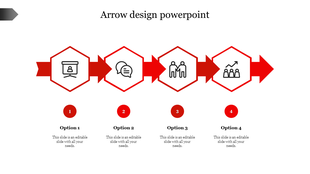Slide with a red arrow passing through four hexagons containing icons, each linked to labeled options and captions.