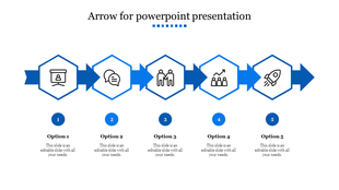 Arrow template with five hexagonal icons in a blue color scheme, depicting a business flow with numbered captions below.