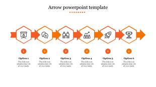 Horizontal orange arrow passing through six hexagons with icons, each linked to numbered options and editable text below.