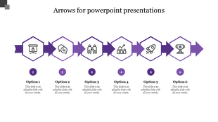 Purple Arrows PowerPoint template with six steps, each represented by a unique icon with placeholder text.