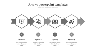 Black and white arrow diagram with four hexagons containing icons, each linked to numbered options and caption areas.