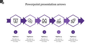 Five step process flow diagram slide with purple arrows and hexagonal icons for structured presentations with options.
