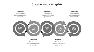 Monochrome circular arrow template featuring five loops with icons and captions titled Caption 1 through Caption 5.