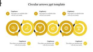 Six yellow arrows in a circular pattern with different icons representing numbered captions on both sides.
