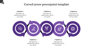 Curved arrow template with five purple loops connected horizontally, each featuring a white icon and placeholder text.