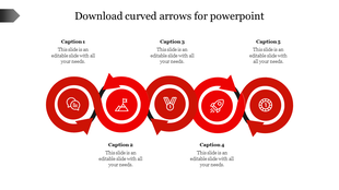 Horizontal red circular arrow graphic with five segments, each containing a white icon and labeled Caption 1 to Caption 5.
