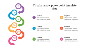 Slide with six curved arrows in purple, blue, green, yellow, orange, and pink, each with an icon and a numbered caption.