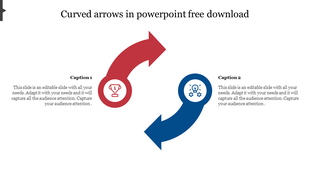 Slide design with two curved arrows in red and blue, each accompanied by a caption and an icon on a white backdrop.