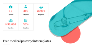 Medical template with a stethoscope overlay, five statistic blocks with icons, and a modern abstract design.