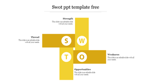 Minimalist SWOT analysis PowerPoint template with a yellow cross shaped layout and placeholder text on a white backdrop.