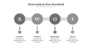 Circular SWOT layout with fluid linked segments and icons for strength, weakness, opportunity, and threat placed below.