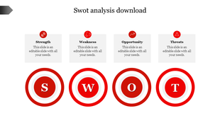 Four segment SWOT analysis with red icons and circular S, W, O, T symbols below each white box caption on a white background.