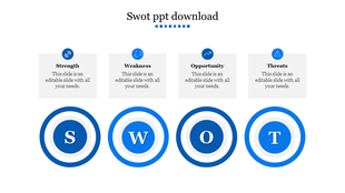 SWOT layout with blue circular icons above four white boxes and bold S, W, O, T bullseye circles below each section.