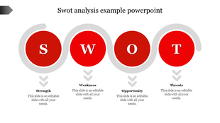 Horizontal red SWOT layout with circular S, W, O, T icons connected by curved gray paths above matching caption boxes.