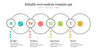 SWOT analysis PPT template with interconnected circles and color coded icons with placeholder text on a white backdrop.
