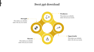 SWOT slide with four yellow circular icons, each featuring icons and captions, set against a white background.