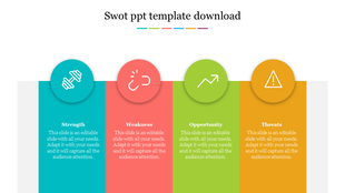 SWOT slide with four vertical colored blocks in blue, red, green, and yellow, labeled with icons and descriptions.