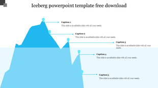 Iceberg diagram with a large blue iceberg partially submerged in water, featuring five labeled points with text placeholders.